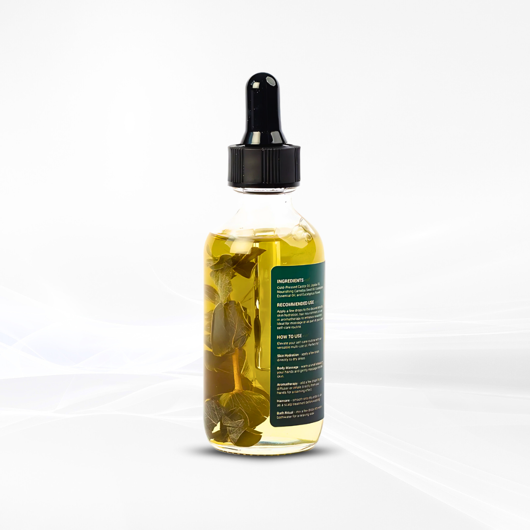 TrustBotics Eucalyptus Essential Oil bottle showing ingredient and usage label with visible eucalyptus leaves inside the oil, emphasizing purity and botanical luxury.