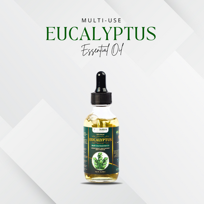 TrustBotics Multi-Use Eucalyptus Essential Oil – premium bottle on white background, luxurious skin &amp; aromatherapy oil for clarity and freshness.