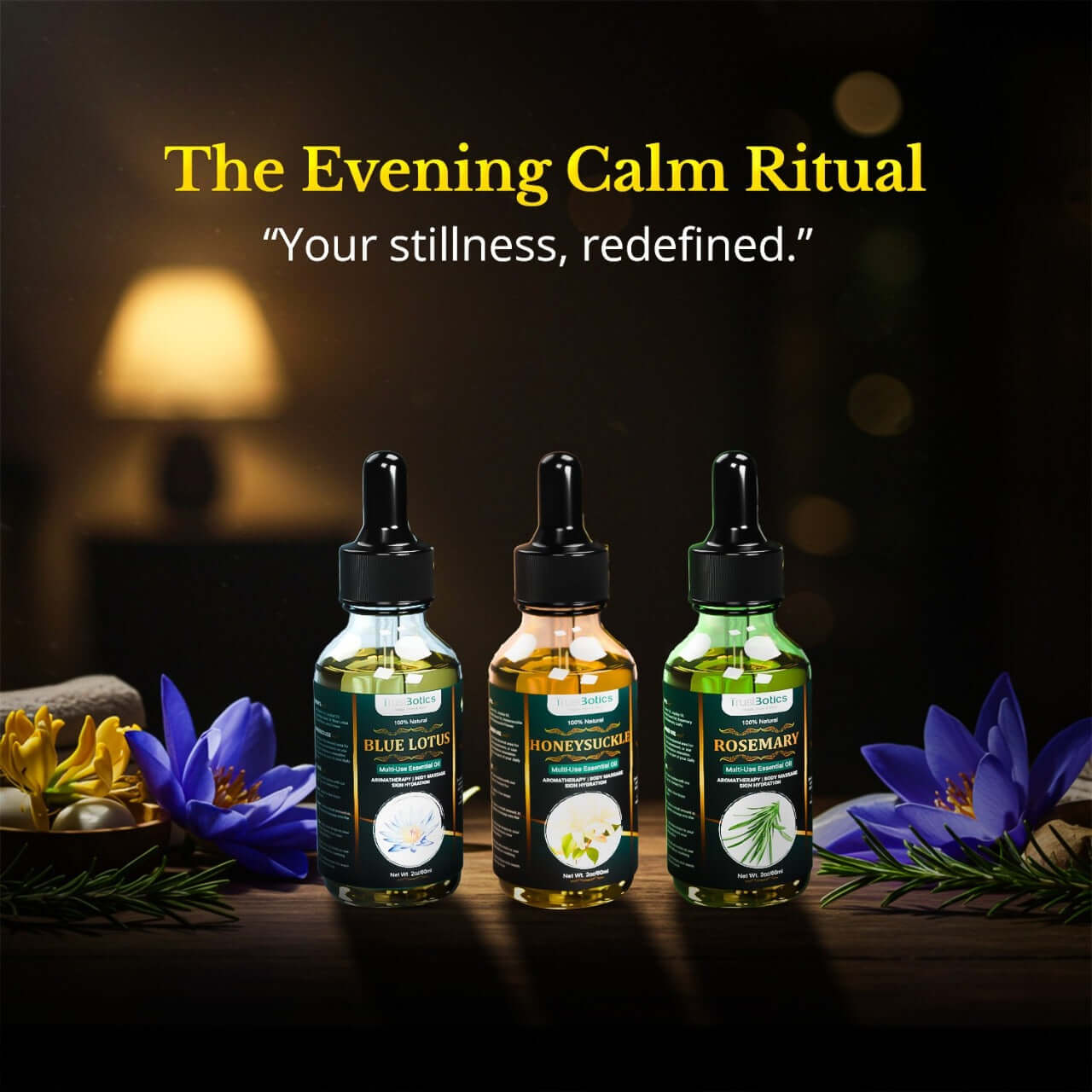 TrustBotics Evening Calm Ritual set featuring Blue Lotus, Honeysuckle, and Rosemary multi-use essential oils surrounded by lotus flowers and candlelight, evoking serenity and luxurious evening relaxation.