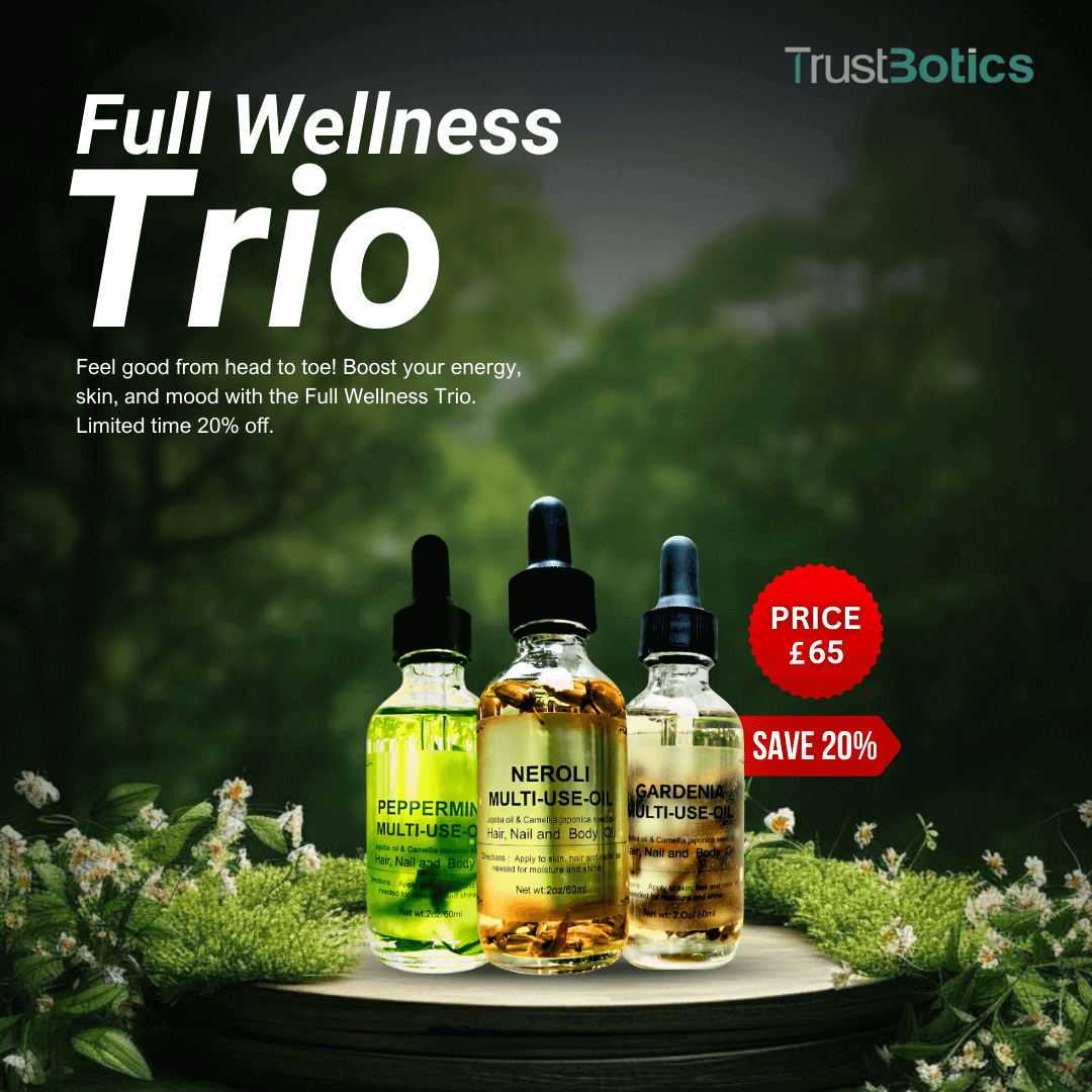 TrustBotics Full Wellness Trio – Peppermint, Neroli, and Gardenia essential oils on lush green background, price £65 with 20% discount, perfect for energy, skin, and mood boost.