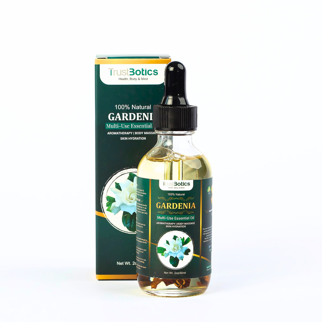TrustBotics Gardenia Essential Oil with elegant packaging – luxurious floral oil bottle displayed alongside its premium box for skin, hair, and aromatherapy.