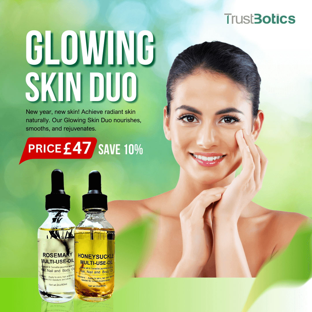 TrustBotics Glowing Skin Duo – Rosemary and Honeysuckle essential oils with smiling woman, green background, offer price £47, perfect for radiant and rejuvenated skin.