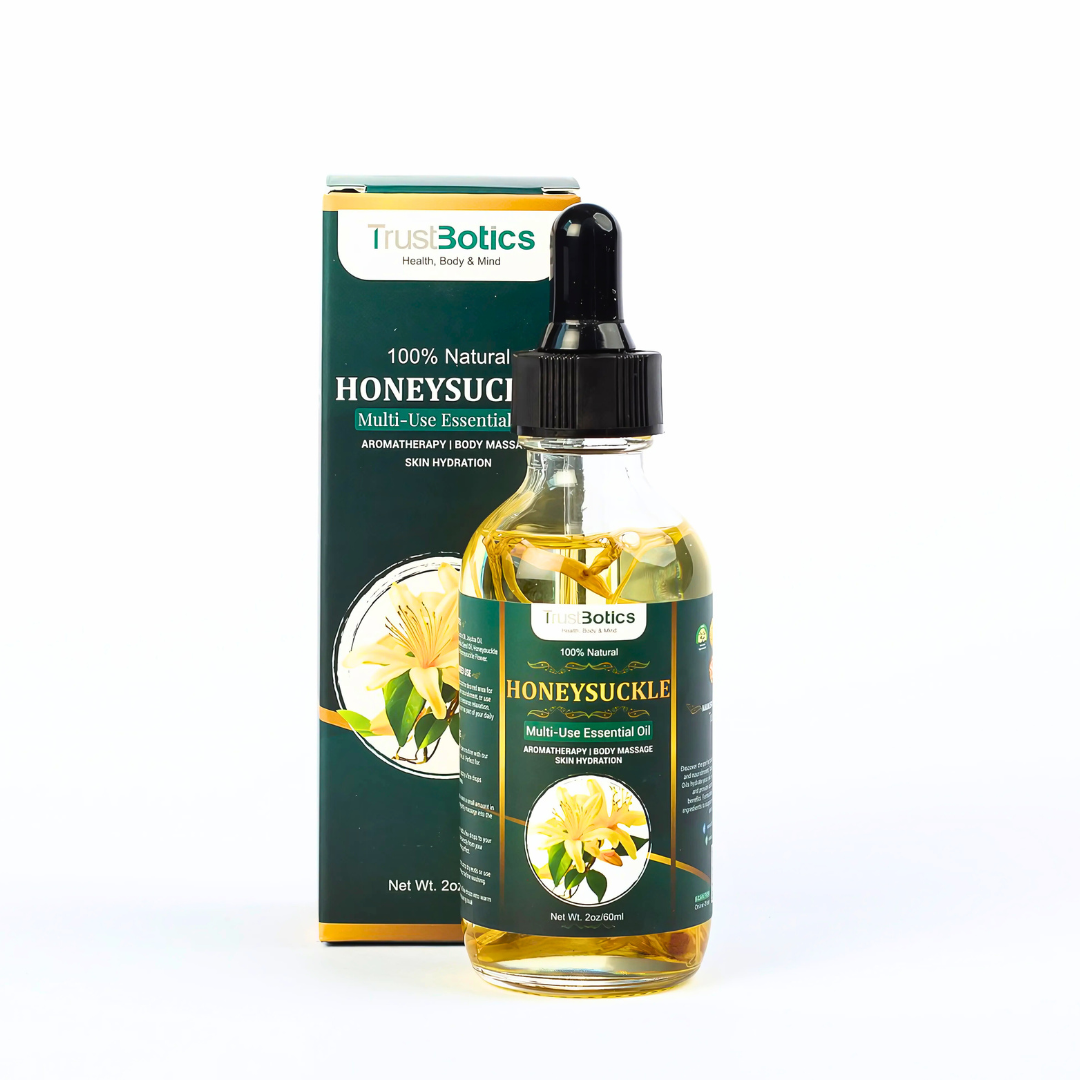 Honeysuckle Essential Oil bottle with TrustBotics box – luxury floral skincare and aromatherapy product on white background.