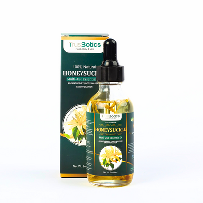Honeysuckle Essential Oil bottle with TrustBotics box – luxury floral skincare and aromatherapy product on white background.