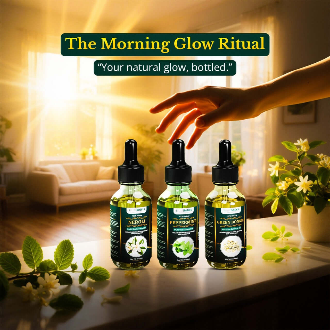 TrustBotics Morning Glow Ritual set with Neroli, Peppermint, and Green Bonnie Flower multi-use essential oils glowing in warm sunrise light, symbolizing energy, freshness, and natural radiance.