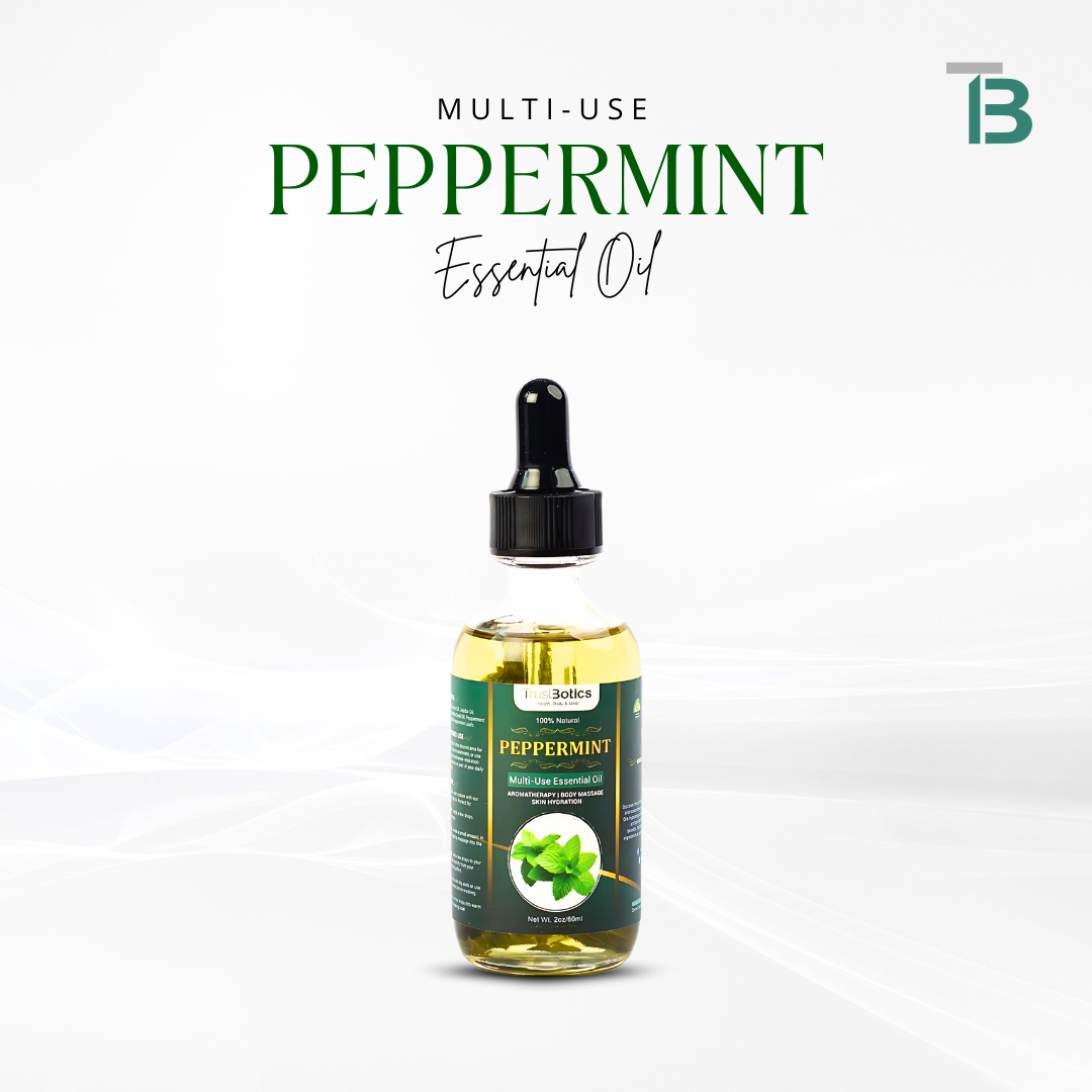 TrustBotics Multi-Use Peppermint Essential Oil bottle on white background with product branding, highlighting fresh and energizing natural formula.