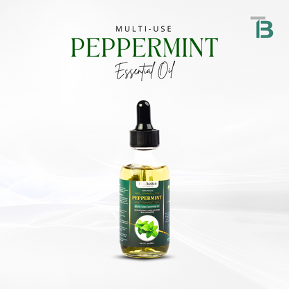 TrustBotics Multi-Use Peppermint Essential Oil bottle on white background with product branding, highlighting fresh and energizing natural formula.