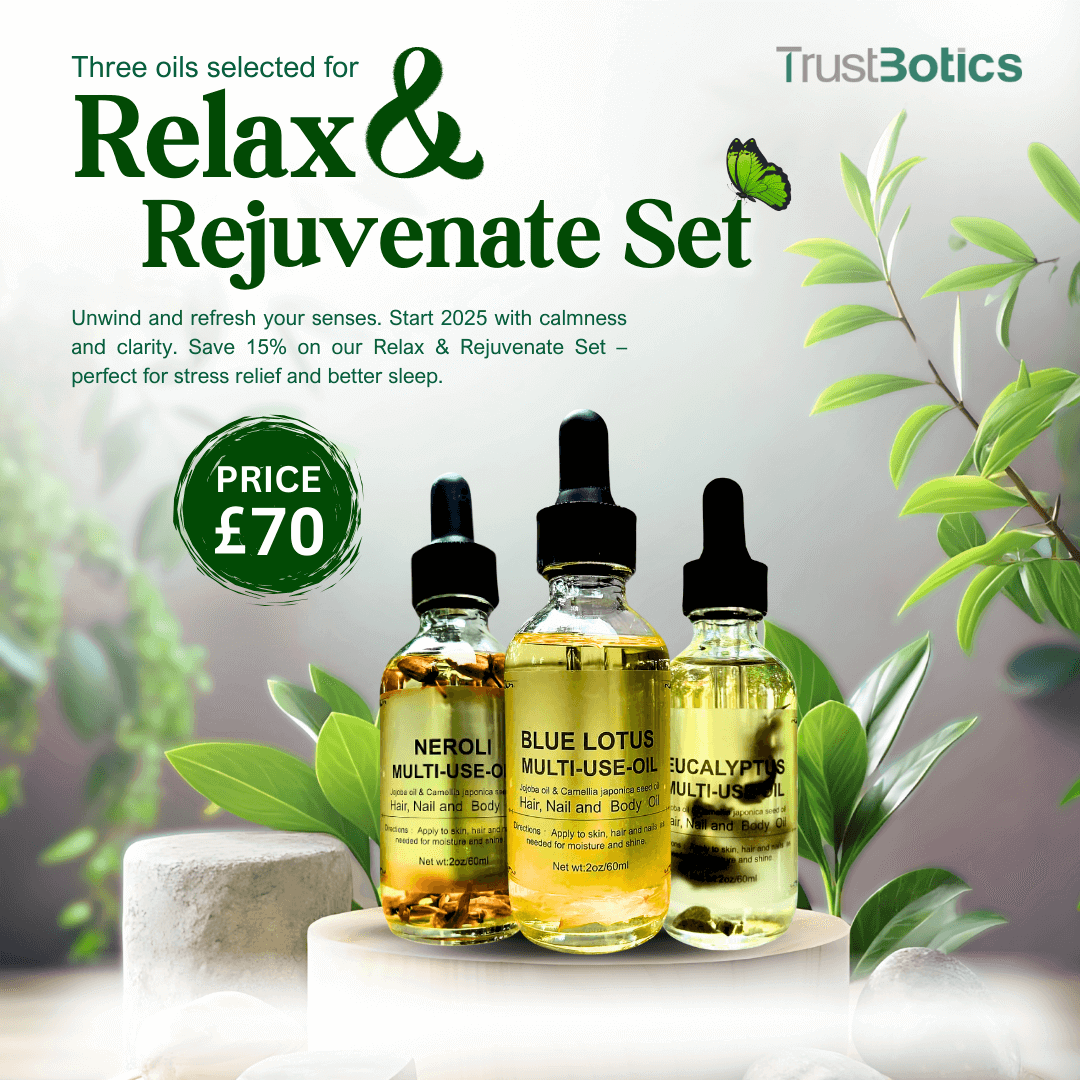 TrustBotics Relax &amp; Rejuvenate Set – three premium essential oils (Neroli, Blue Lotus, Eucalyptus) with natural green leaves, special offer price £70, perfect for relaxation and clarity.