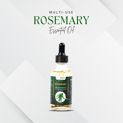 TrustBotics Multi-Use Rosemary Essential Oil bottle on white background with product branding, highlighting fresh and vitalizing natural formula.