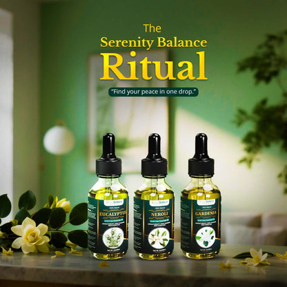 TrustBotics Serenity Balance Ritual set featuring Eucalyptus, Neroli, and Gardenia multi-use essential oils arranged with blooming white flowers in a calm green spa setting.