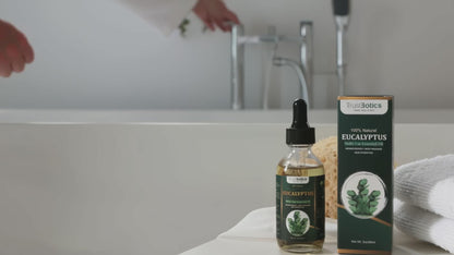 TrustBotics Eucalyptus Multi-Use Essential Oil near a warm bath – a refreshing ritual to awaken the senses and promote spa-like relaxation at home.