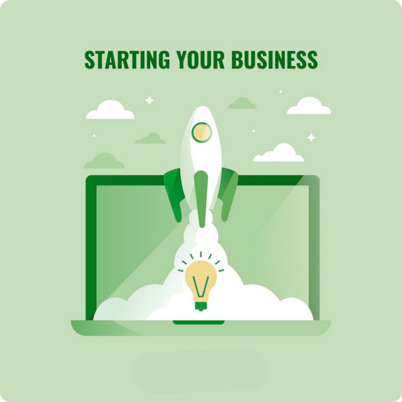 Illustration of a rocket launching from a laptop with the text "Starting Your Business", representing TrustBotics B2B partnership and business opportunities.