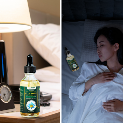 TrustBotics Blue Lotus multi-use essential oil used as part of a relaxing evening wellness ritual in a hotel or bedroom setting.
