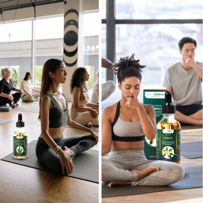 Yoga and meditation class in a wellness studio with TrustBotics multi-use essential oil, representing wellness and yoga studio partnership opportunities.