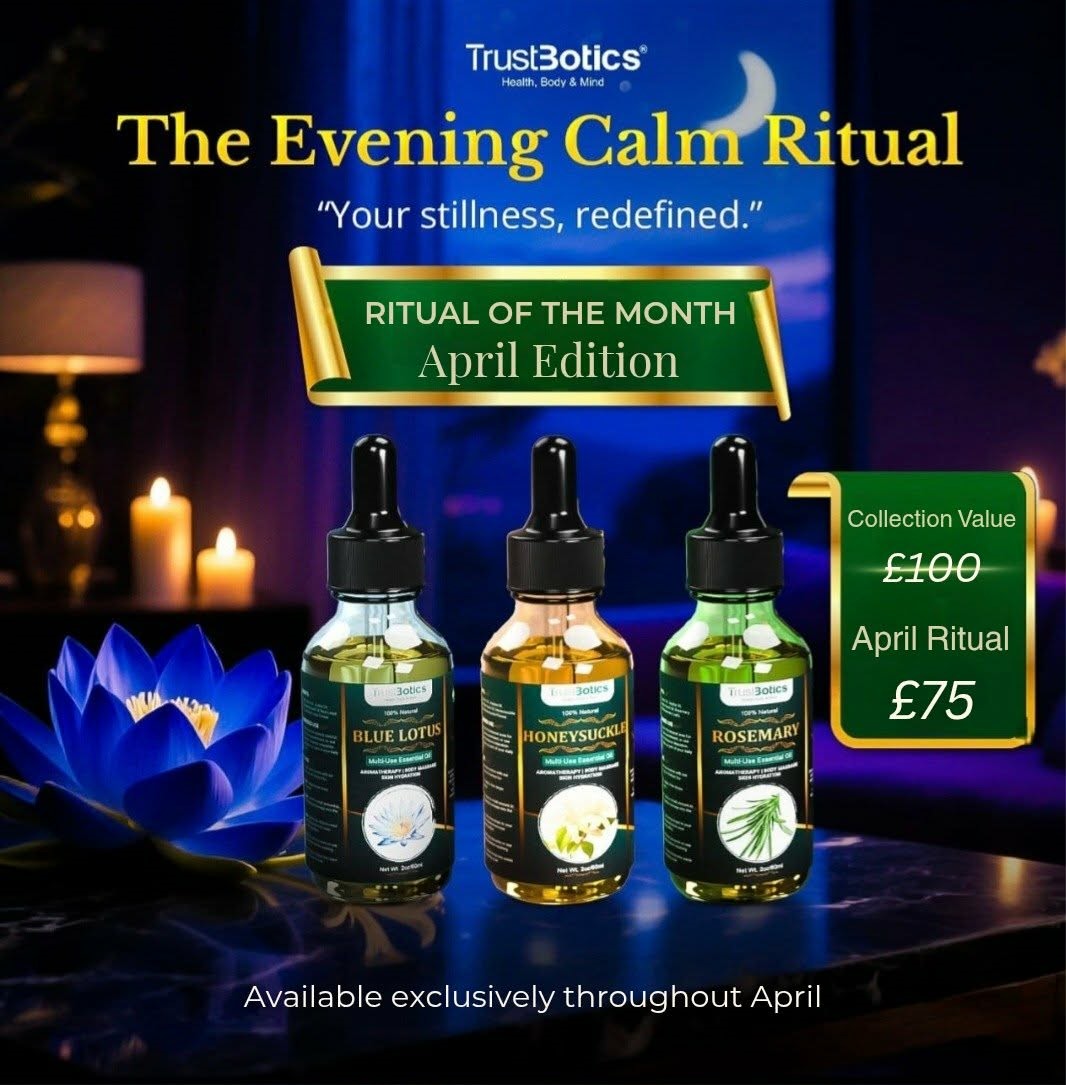 TrustBotics Evening Calm Ritual April Edition featuring Blue Lotus, Honeysuckle and Rosemary multi-use essential oils with calming evening atmosphere and candlelight, luxury aromatherapy set priced at £75