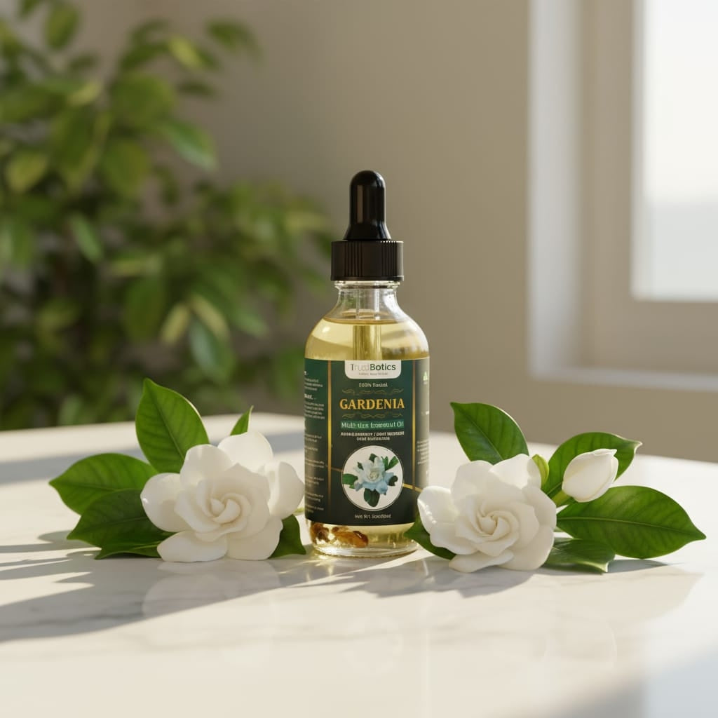 TrustBotics Gardenia multi-use essential oil bottle with fresh gardenia flowers, ready-to-use aromatherapy oil for daily wellness rituals, natural self-care and luxury relaxation