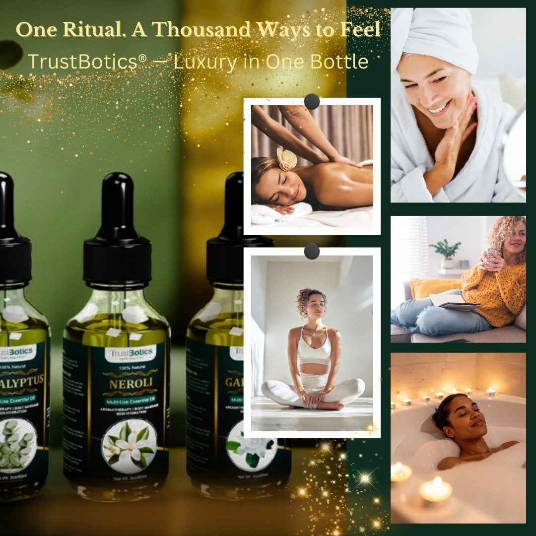 TrustBotics multi-use essential oils wellness ritual banner showing aromatherapy bottles and lifestyle self-care moments including massage, yoga, relaxation and bath rituals representing luxury in one bottle natural wellness experience