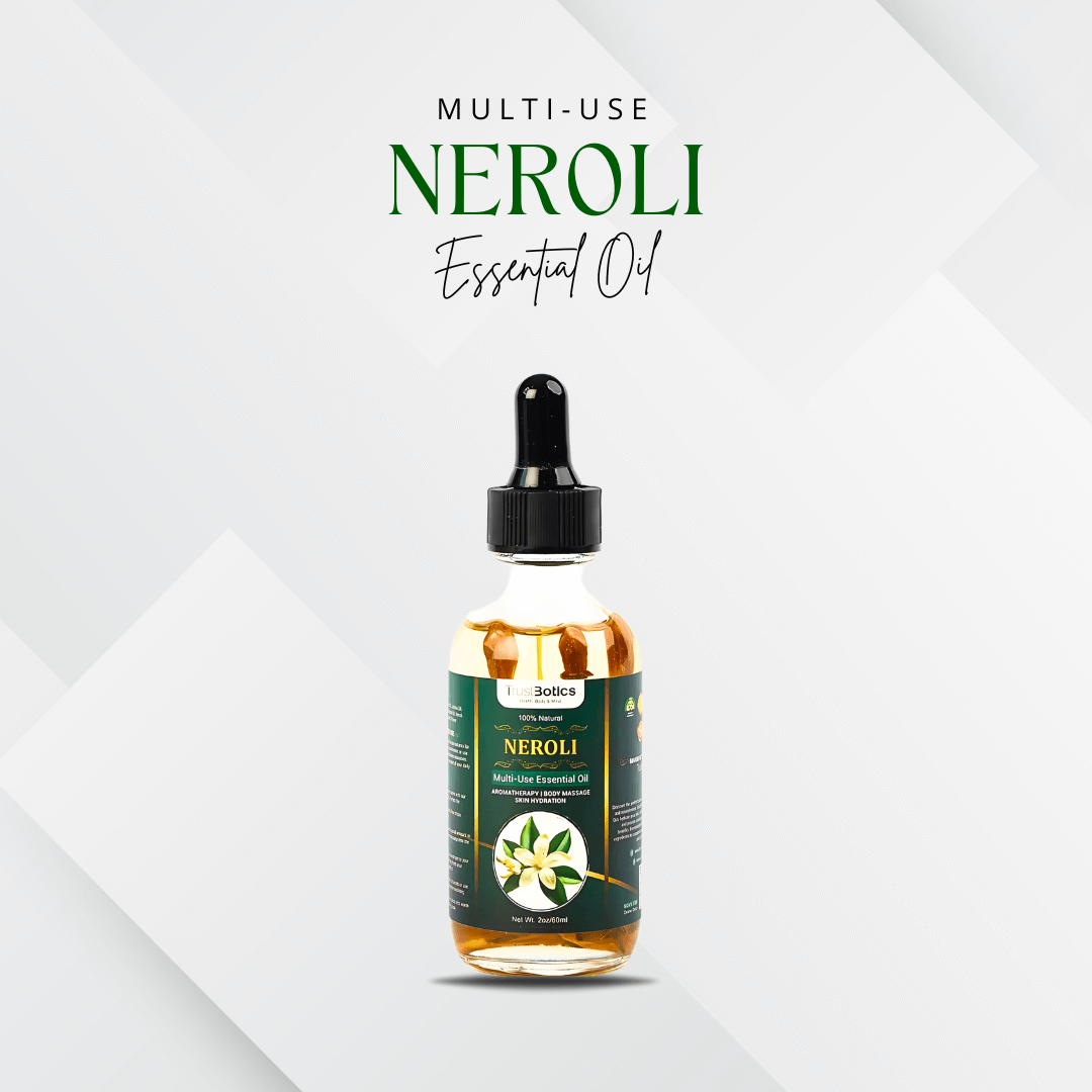 Luxury Neroli Multi-Use Essential Oil bottle with TrustBotics branding on white background – premium skincare and aromatherapy product photo.