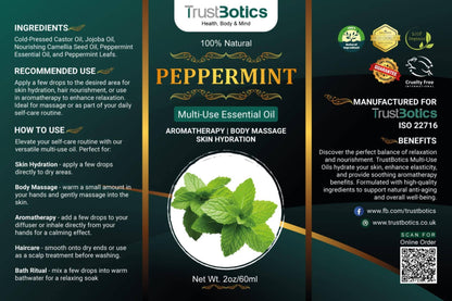 TrustBotics Peppermint Multi-Use Essential Oil 60 ml, label featuring ingredients, benefits, and usage instructions.