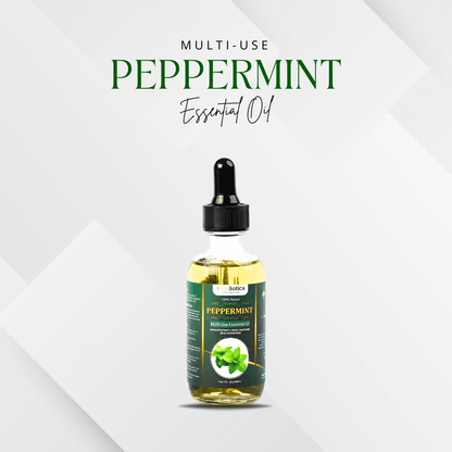 TrustBotics Peppermint Multi-Use Essential Oil bottle with dropper on a grey background.