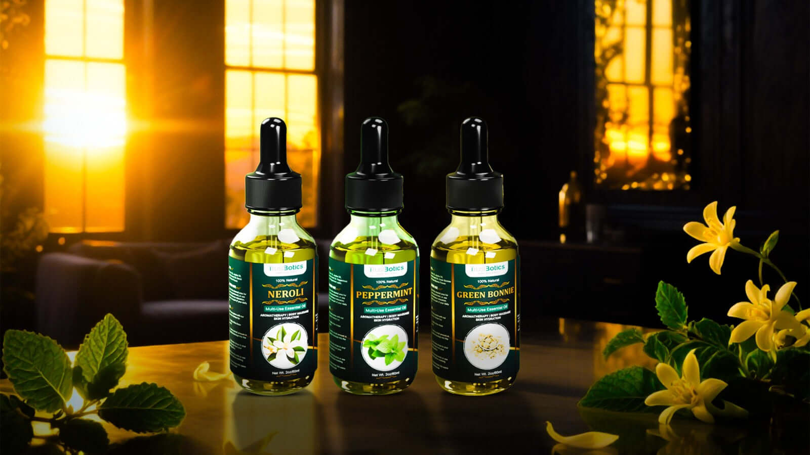 TrustBotics Evening Calm Ritual set with Neroli, Peppermint, and Green Bonnie Flower multi-use essential oils glowing in warm sunset light, creating a soothing and elegant evening atmosphere.