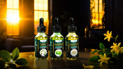 TrustBotics Evening Calm Ritual set with Neroli, Peppermint, and Green Bonnie Flower multi-use essential oils glowing in warm sunset light, creating a soothing and elegant evening atmosphere.