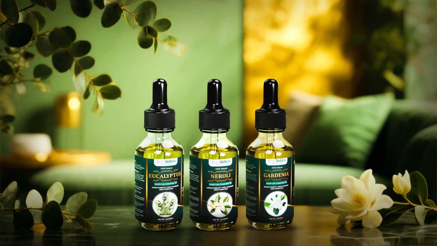 TrustBotics Eucalyptus, Neroli, and Gardenia multi-use essential oils displayed with green leaves and soft golden light, symbolizing natural freshness and elegance.